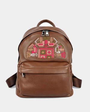 woman genuine leather backpack brown with embroidery